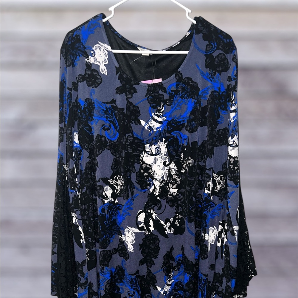 Cato Size 18/20 Blue & Black Long Sleeve Scoop Neck Dress with Lace Bell Sleeve